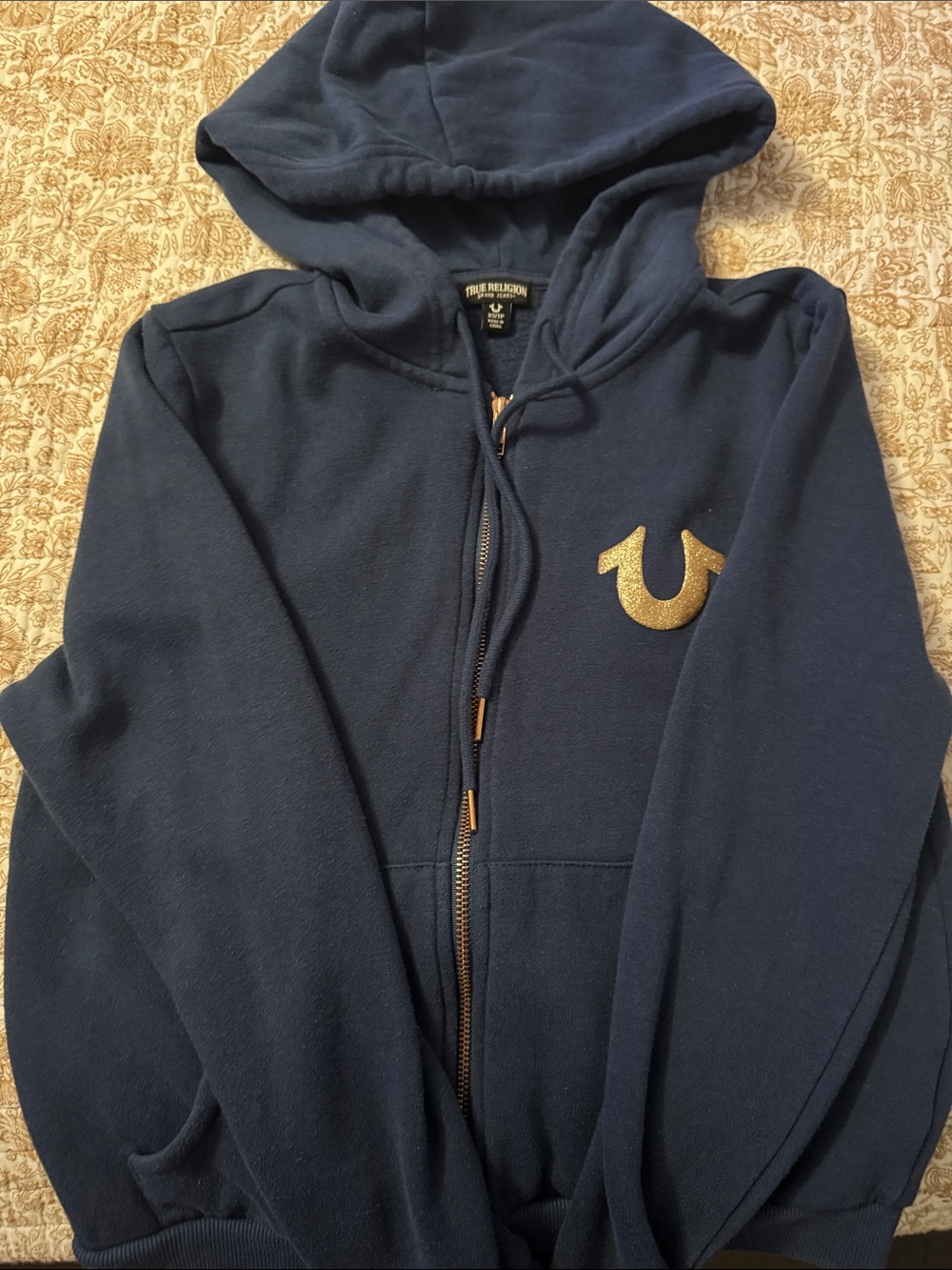 True Religion Navy Hoodie with Gold Glitter Horseshoe